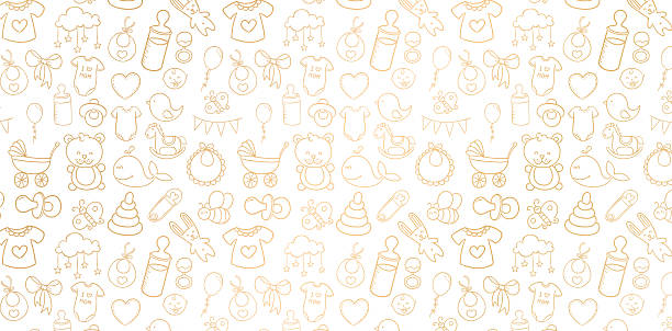 seamless pattern with cute hand drawn doodle elements golden colors isolated white backgrounds seamless pattern with cute hand drawn doodle elements golden colors isolated white backgrounds for baby shower invitation, baby girl and baby boys fabric printing, patterned fills, webs pages childish baby in animal costume stock illustrations
