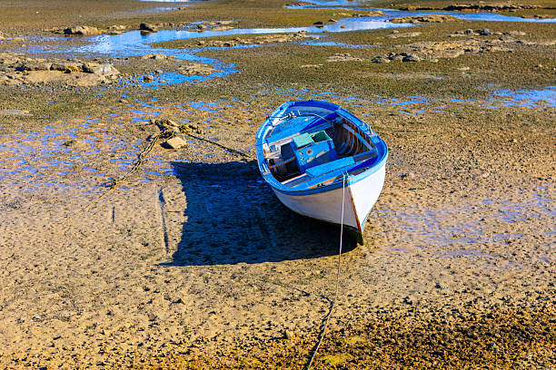 Weathered fishing boat rests on the exposed seabed, its mooring line taut against the backdrop of the receding tide. Low tide reveals a wooden boat, anchored on the sandy shoreline