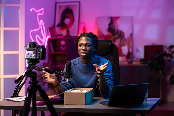 istock African American Man Hosting Online Podcast Session 2217288612