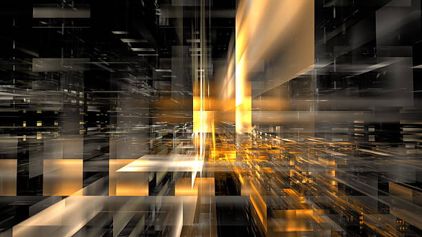 istock Dynamic display of abstract digital technology featuring geometric shapes and golden highlights. 3d render 2217290113