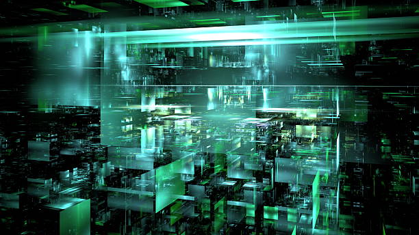 istock Complex geometric shapes and vibrant green lights create an immersive digital environment that feels futuristic and high-tech, evoking a sense of depth and movement. 3d render 2217290115