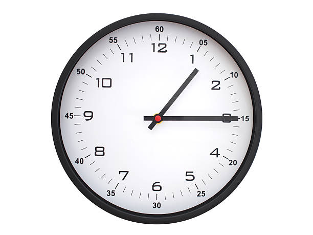 A modern white face with black numbers analog wall clock Showing 01:15 or 13:15. Isolated on White Background.