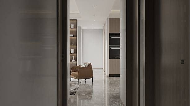 istock Modern Interior Glimpse: Stylish Armchair on Elegant Grey Marble Flooring 2217293012