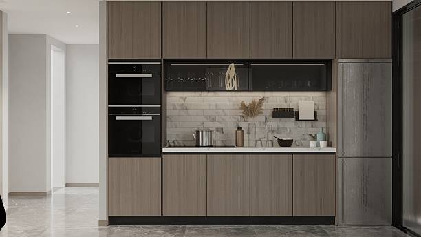 Modern Melamine Kitchen: Sleek Design with Integrated Appliances and Stylish Accents