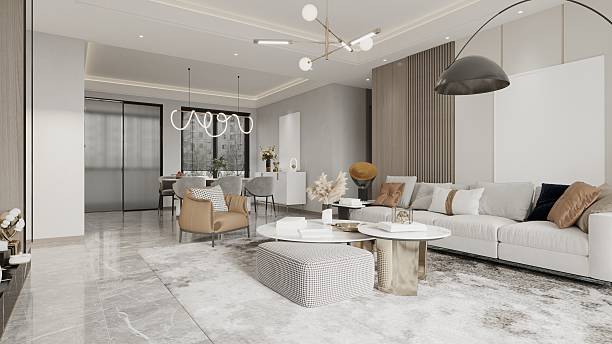 istock Modern Open Plan Living: Stylish Sofa, Dining Set, and Elegant Marble Floors 2217293031