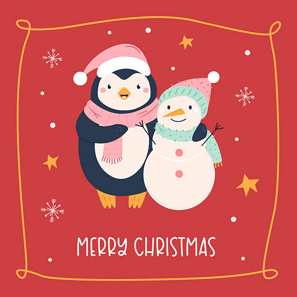 istock Cute Hand Drawn Christmas Card with Funny Penguin and Snowman 2217293230