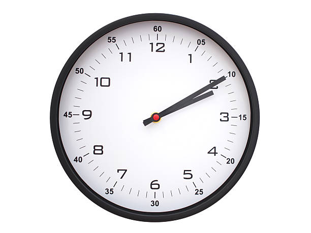 A modern white face with black numbers analog wall clock Showing 02:10 or 14:10. Isolated on White Background.