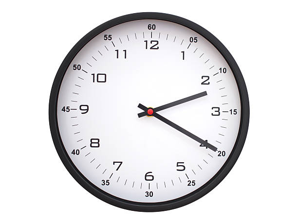 A modern white face with black numbers analog wall clock Showing 02:20 or 14:20. Isolated on White Background.