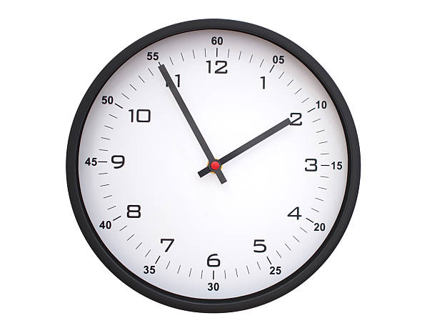 A modern white face with black numbers analog wall clock Showing 01:55 or 13:55. Isolated on White Background.