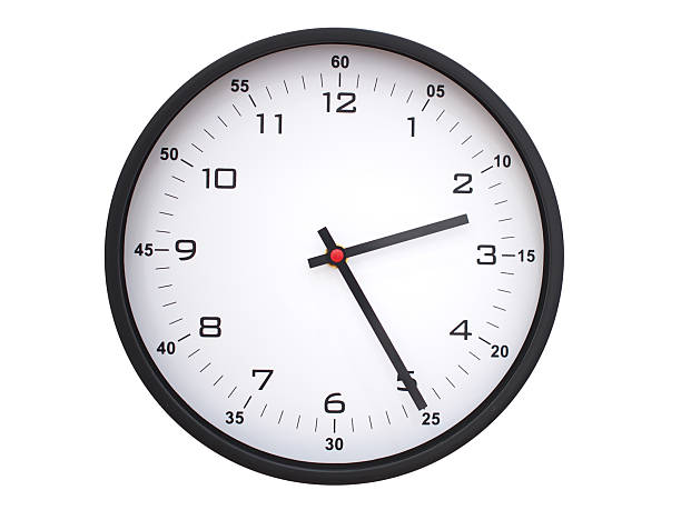 A modern white face with black numbers analog wall clock Showing 02:25 or 14:25. Isolated on White Background.