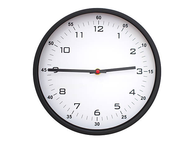 A modern white face with black numbers analog wall clock Showing 02:45 or 14:45. Isolated on White Background.