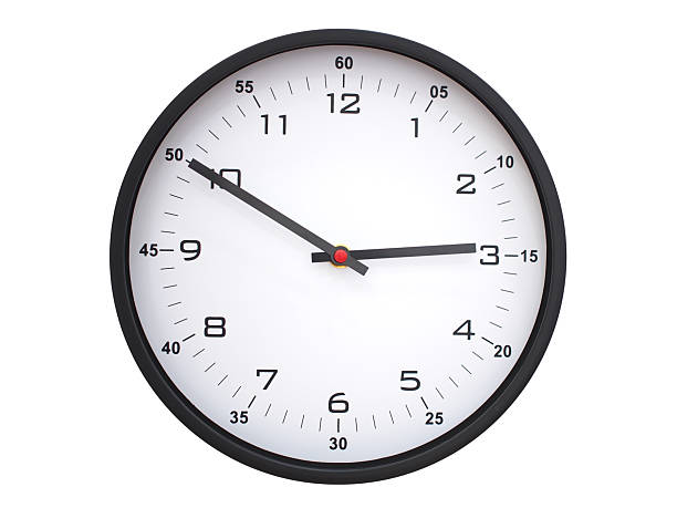 A modern white face with black numbers analog wall clock Showing 02:50 or 14:50. Isolated on White Background.