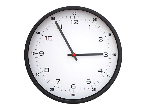 A modern white face with black numbers analog wall clock Showing 02:55 or 14:55. Isolated on White Background.
