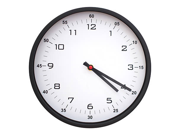 A modern white face with black numbers analog wall clock Showing 04:20 or 16:20. Isolated on White Background.