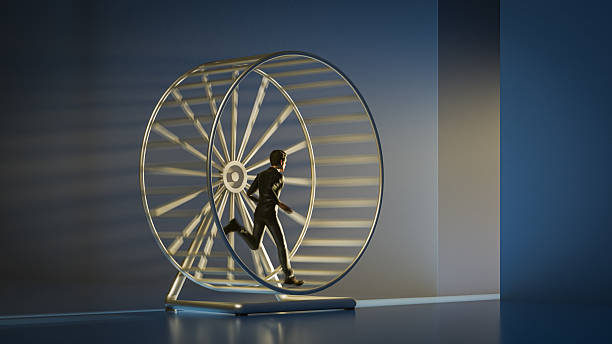 istock Manager in a rat race looking into the light coming from a gap in the wall. Partial motion blur. 3d render 2217295597