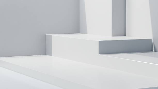 istock 3d rendering of empty white concrete room with geometry podium background, Empty space for product presentation. 2217302466