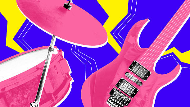 Poster. Modern artwork. Pink drum and electric guitar with sharp lightning in yellow-blue Memphis design, evoking stage movement. Performance energy. Concept of music, festival, concert.