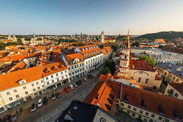 Aerial View of Red Vilnius City Old Town Roofs.