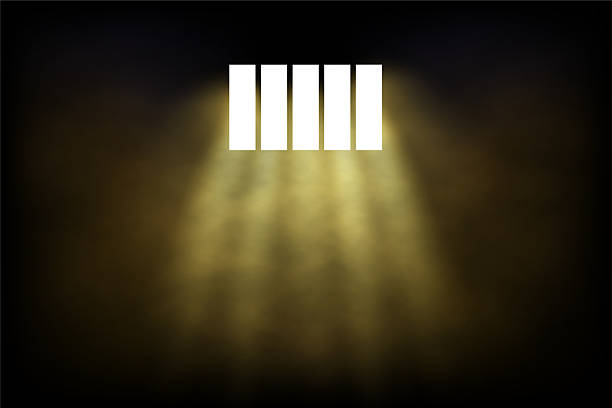 light rays shining through prison bars in darkness with fog or smoke effect. jail window background. abstract vector illustration - jail cell window stock-grafiken, -clipart, -cartoons und -symbole