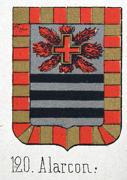 istock Medieval heraldry, Coat of arms, Shield with Checked, Border, Red, Cross, Fire, Black, Silver, Stripes, , Spanish, Vintage illustration 2217316447
