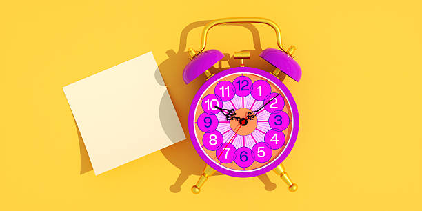 A vibrant 3D Illustration of a pink and gold Alarm Clock next to a Blank Adhesive Note on a bright Yellow Background. This image effectively communicates Time management, important Reminders, and Planning for Deadlines or creative Ideas. It's ideal for visuals on Organization, Productivity, and scheduling tasks in a Business or educational context. The ample Copy Space allows for personalized messages.