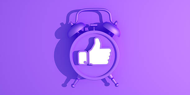 A modern 3D Illustration of a purple Alarm Clock featuring a white Thumbs Up or Like Button Icon as its face. This Conceptual Symbol represents the perfect Time for Approval, positive Feedback, and Social Media engagement. Set against a matching purple Backgrounds, it conveys satisfaction, agreement, and a timely endorsement.