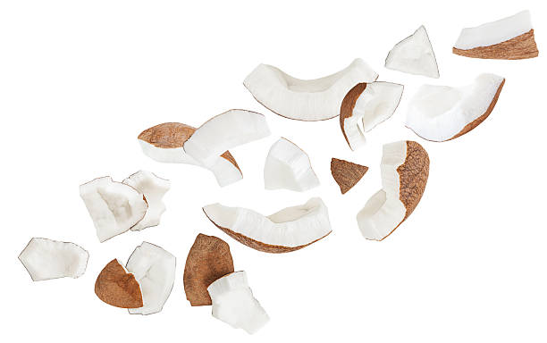 istock Isolated Coconut pieces falling on white background. Coconut explosion with broken pieces, Top view. Flat lay. Pattern  2217322935