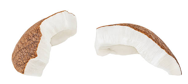 istock Isolated Coconut pieces falling on white background. Flying Coconut broken pieces. Coco nut chunks  Top view. Flat lay. Package design elements. 2217322949
