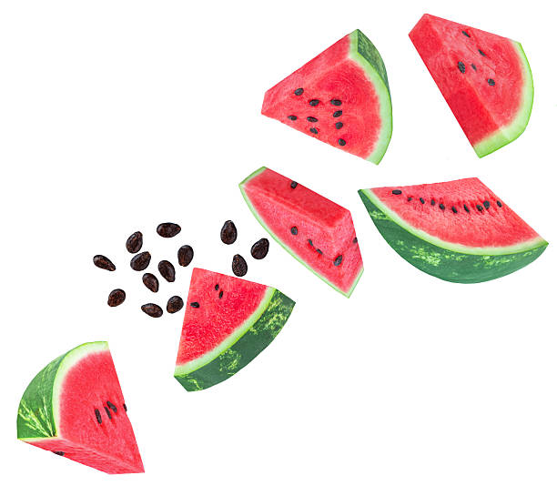 istock Isolated Watermelon. Levitating Watermelon triangle slices on white. Watermelon explocion. Pattern. Explosion 2217323297
