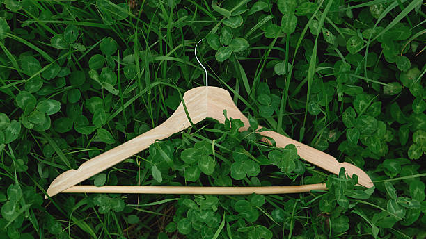 istock Wooden hanger on green grass background for spring decor 2217327895