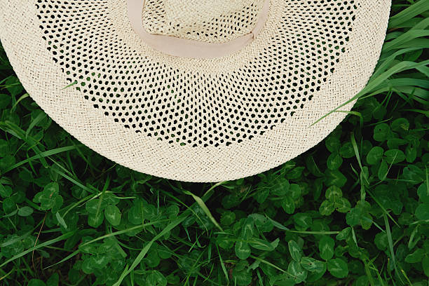 This image features a summer straw hat resting on lush green grass, perfect for a holiday layout or mockup related to outdoor activities or gardening products.