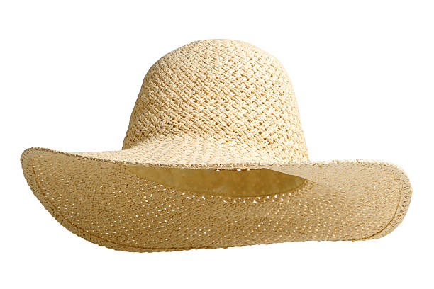 Beach straw hat front view and raised up isolated white background. Hat with clipping path as design banner, studio shot with sunlight. Summer travel hat for beach holidays on Vacation.