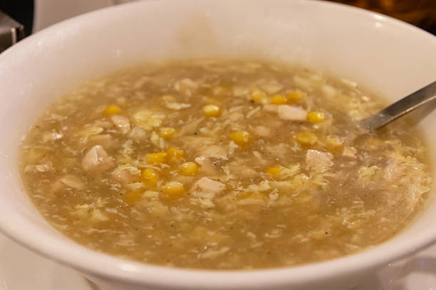 istock Chicken Corn Soup is an egg-drop soup that features shredded chicken, corn and a rich chicken stock base thickened with cornstarch slurry; Pakistani style. 2217330091