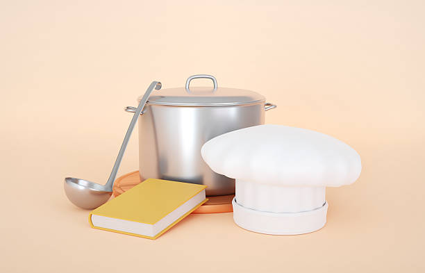 Kitchen tools with chef's hat and book of recipes on a beige background. 3d-rendering