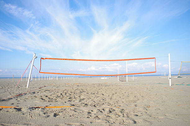 Volleyball net is set up on a sandy beach. The sky is clear and blue, and there are no clouds in the sky