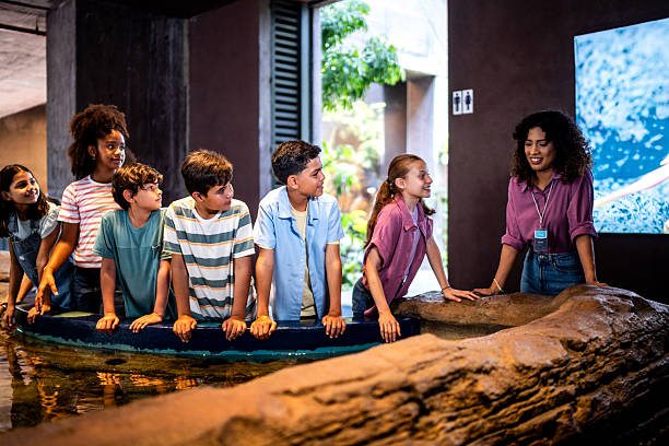 istock Child students talking and interacting with marine life in touch pool at aquarium 2217349426