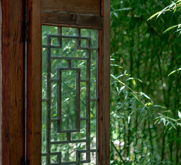 Chinese garden landscape with bamboo forest outside the open window