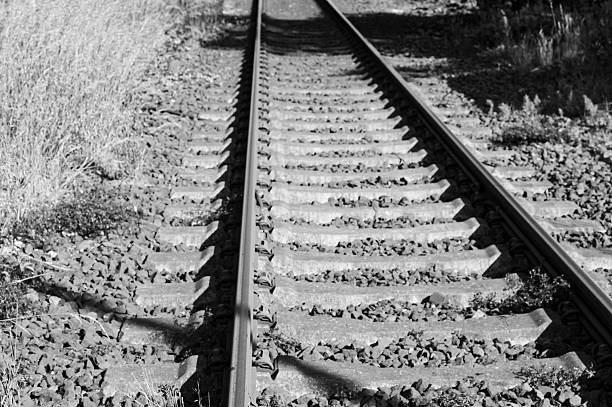 istock Rusty train tracks disappearing into distance on sunny day 2217354425