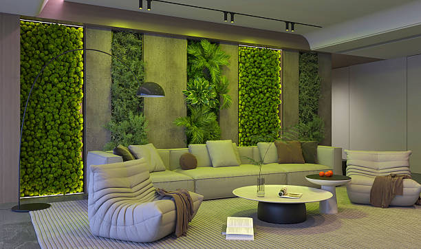 istock Living Room with Vertical Garden & Night View 2217357579