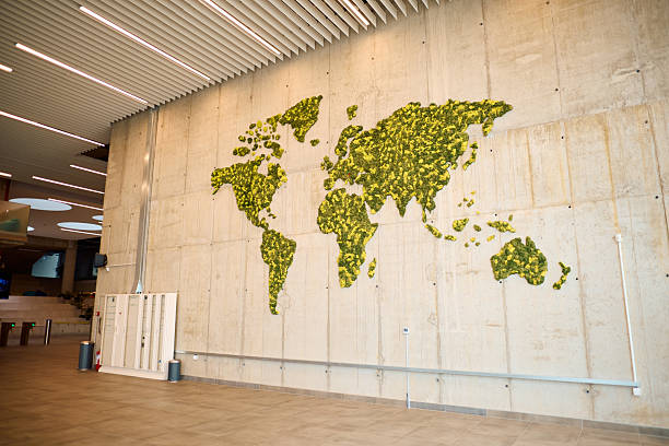 istock Green world map made of moss hanging on a wall 2217360084