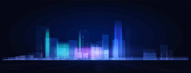 istock Futuristic digital cityscape vector background, holographic illuminated skyscrapers downtown, hi-tech design, metaverse 2217364763
