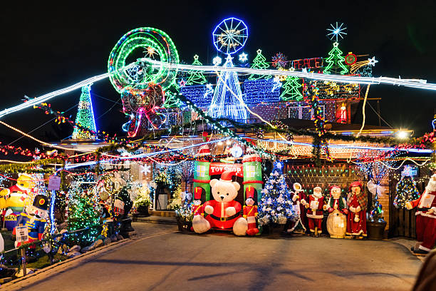 House with colorful Christmas lights and decorations in Toronto, Ontario, Canada in the evening.