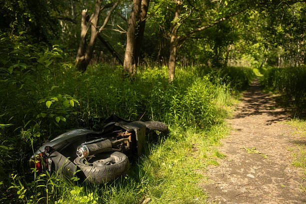 Kolga, Estonia - June 21, 2015: Color image of an Ural sidecar motorcycle stopped by the side of the road in a forest.