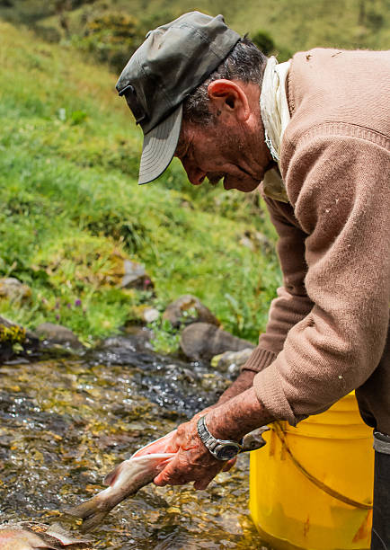istock Peasant cleaning fresh trout in mountain river 2217378963