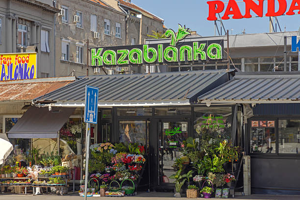 Belgrade, Serbia - May 15, 2025: Modern Florist Kazablanka Flowers Shop at Bajloni Market Spring Day.