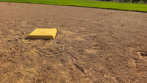low angle view of a baseball or softball base and field on a sunny day with space for copy. sports and recreational texture design element or abstract banner. business concept or metaphor backdrop.
