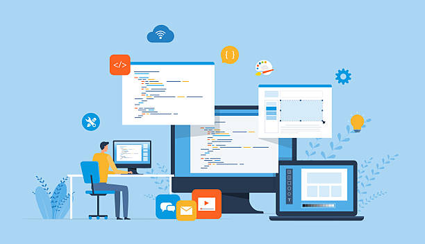 flat vector illustration web design and web application design process concept. with a web designer and developer programmer team working. This file EPS 10 format. This illustrationcontains a transparency and gradient. web design stock illustrations