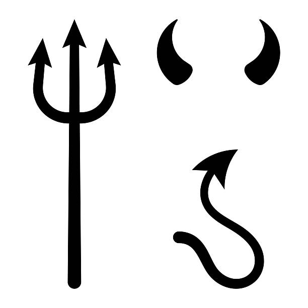 Devil's trident, tail, and horns vector design set. Halloween, fantasy, or evil costume elements for party decorations, illustrations, or graphics. Black silhouette isolated on white background. Devil costume elements featuring a trident, tail, and horns creating a vector design set embodying themes of evil, halloween, and mythology, perfect for spooky celebrations and artistic projects. devil stock illustrations