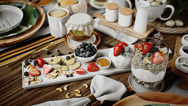 Breakfast Table with Fresh Fruits, Yogurt Parfait, and Gourmet Delicacies