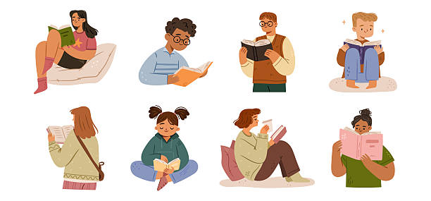 Cute cartoon characters enjoying literature and books, students preparing for exams. Vector obtaining knowledge and working on development of skills. Imagination of readers and bookworms